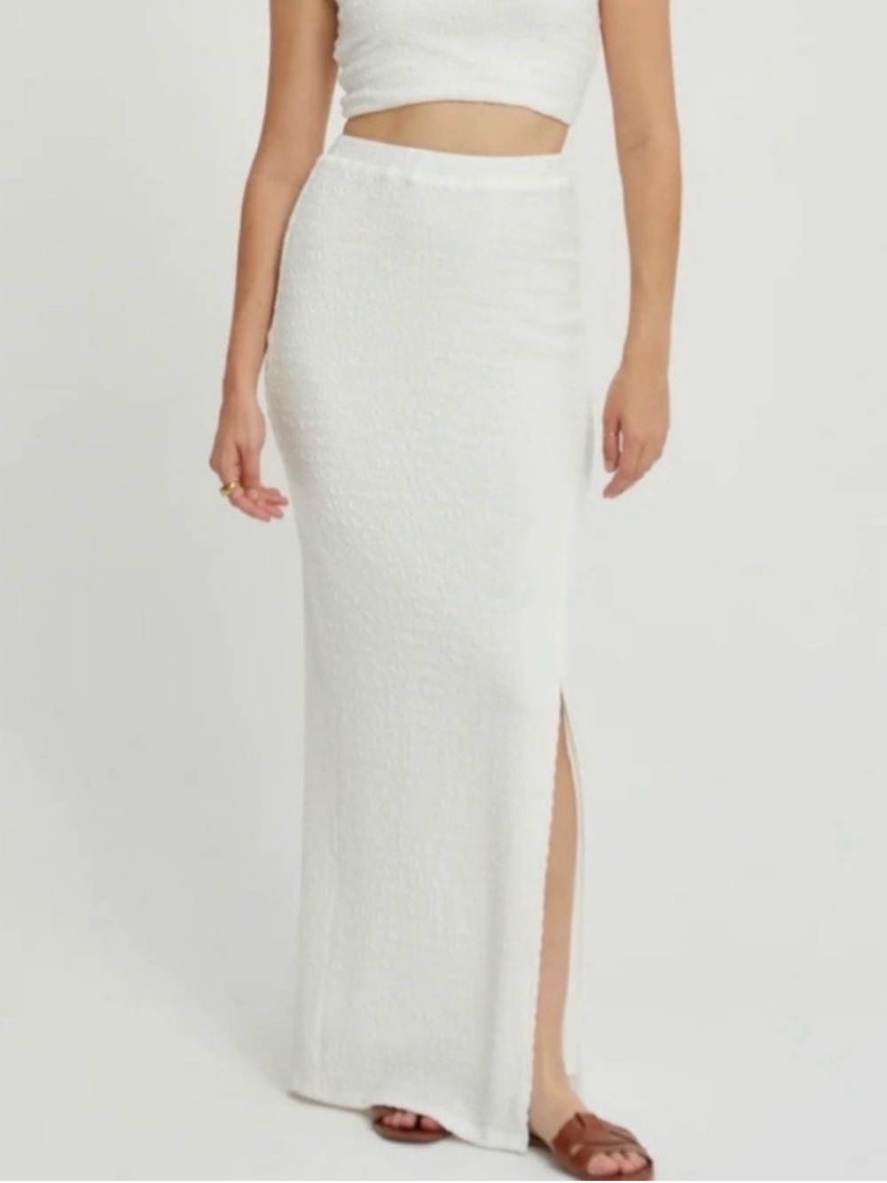 Crescent White Textured Maxi Skirt with Side Slit